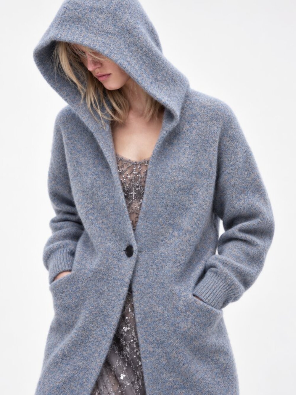 Uniqlo 100% Wool Heathered Blue Grey Hooded Long Knit Cardigan Coat Fall Winter